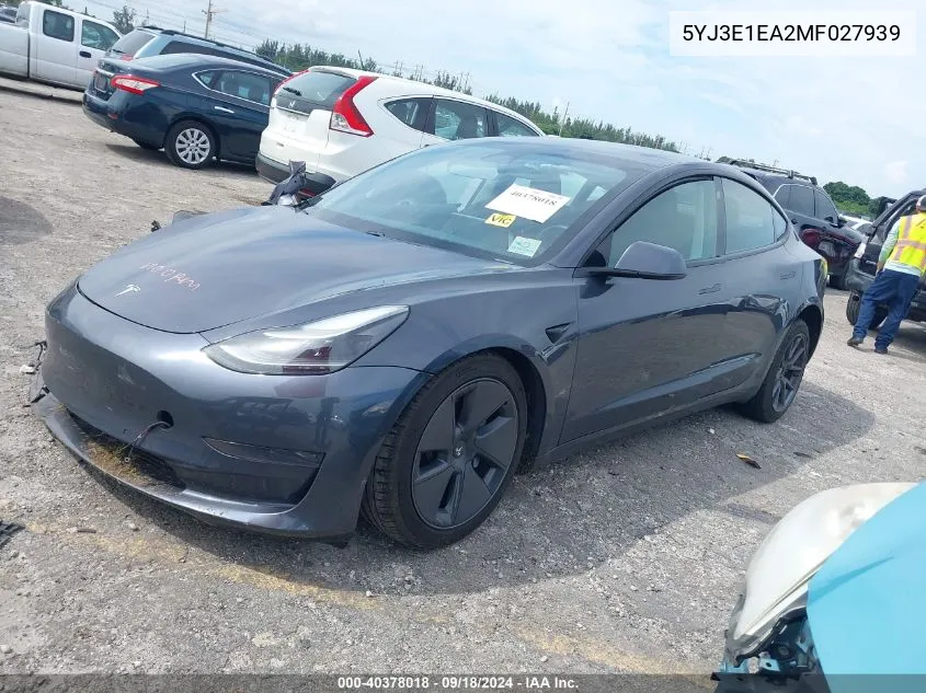 2021 Tesla Model 3 Standard Range Plus Rear-Wheel Drive VIN: 5YJ3E1EA2MF027939 Lot: 40378018