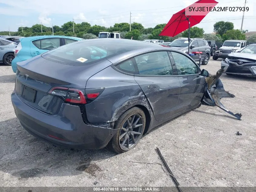 2021 Tesla Model 3 Standard Range Plus Rear-Wheel Drive VIN: 5YJ3E1EA2MF027939 Lot: 40378018