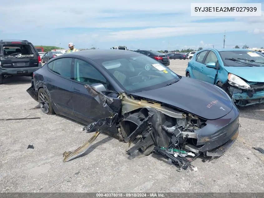 2021 Tesla Model 3 Standard Range Plus Rear-Wheel Drive VIN: 5YJ3E1EA2MF027939 Lot: 40378018