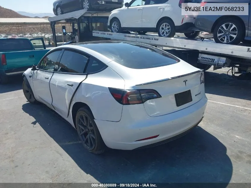 2021 Tesla Model 3 Standard Range Plus Rear-Wheel Drive VIN: 5YJ3E1EA2MF068233 Lot: 40380889