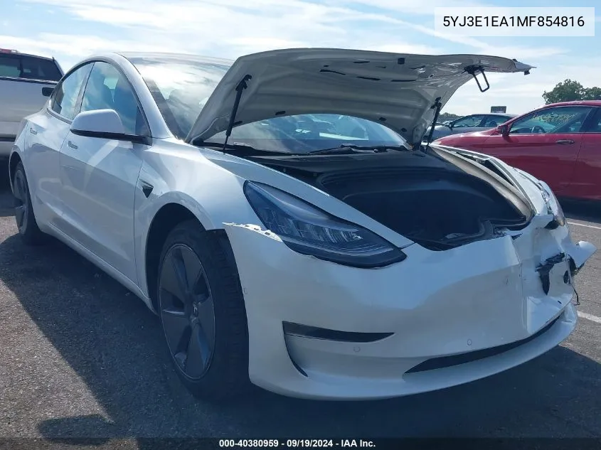 2021 Tesla Model 3 Standard Range Plus Rear-Wheel Drive VIN: 5YJ3E1EA1MF854816 Lot: 40380959