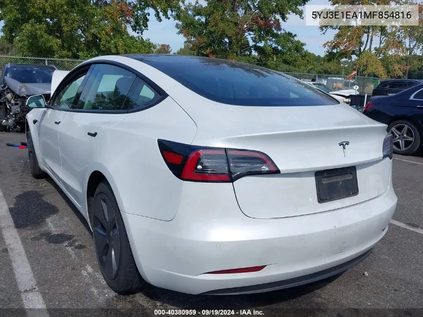 2021 Tesla Model 3 Standard Range Plus Rear-Wheel Drive VIN: 5YJ3E1EA1MF854816 Lot: 40380959