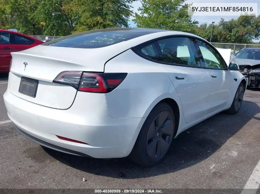 2021 Tesla Model 3 Standard Range Plus Rear-Wheel Drive VIN: 5YJ3E1EA1MF854816 Lot: 40380959