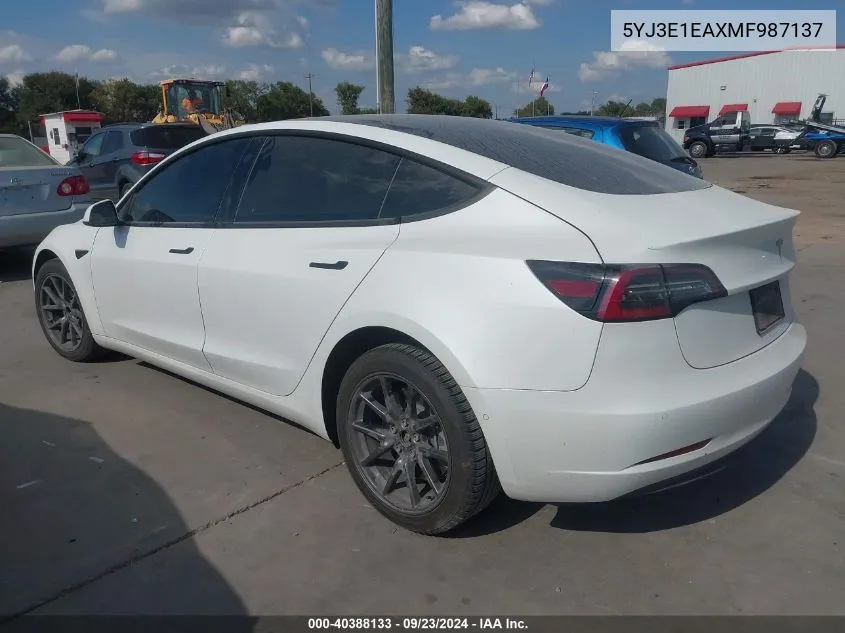 2021 Tesla Model 3 VIN: 5YJ3E1EAXMF987137 Lot: 40388133