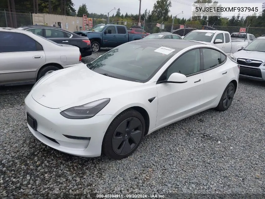 2021 Tesla Model 3 Long Range Dual Motor All-Wheel Drive VIN: 5YJ3E1EBXMF937945 Lot: 40394911