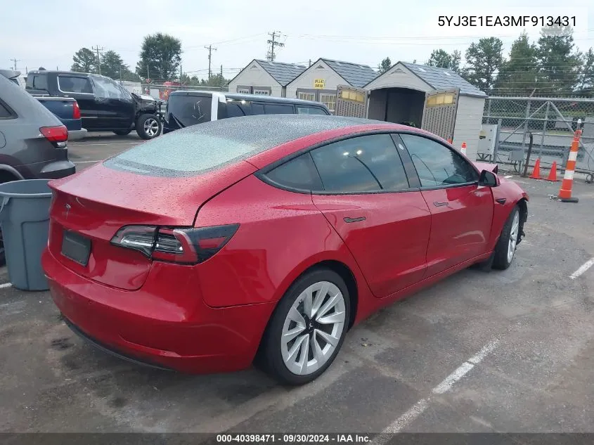 2021 Tesla Model 3 VIN: 5YJ3E1EA3MF913431 Lot: 40398471