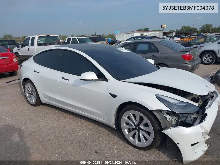 2021 Tesla Model 3 VIN: 5YJ3E1EB3MF004078 Lot: 40400281