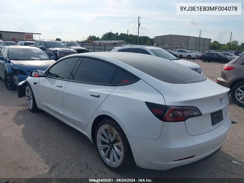 5YJ3E1EB3MF004078 2021 Tesla Model 3