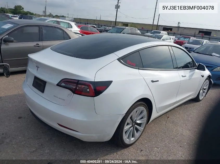 5YJ3E1EB3MF004078 2021 Tesla Model 3