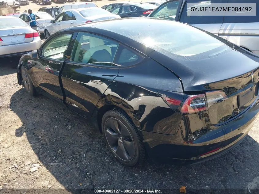 2021 Tesla Model 3 Standard Range Plus Rear-Wheel Drive VIN: 5YJ3E1EA7MF084492 Lot: 40402127