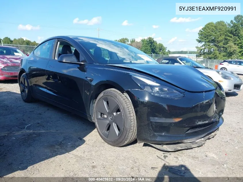 2021 Tesla Model 3 Standard Range Plus Rear-Wheel Drive VIN: 5YJ3E1EAXMF920991 Lot: 40409632