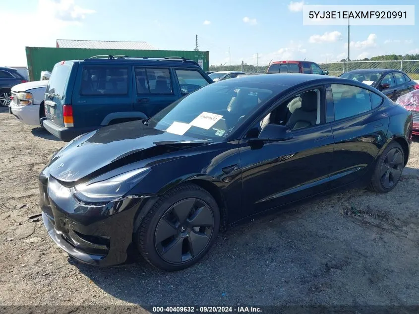 2021 Tesla Model 3 Standard Range Plus Rear-Wheel Drive VIN: 5YJ3E1EAXMF920991 Lot: 40409632