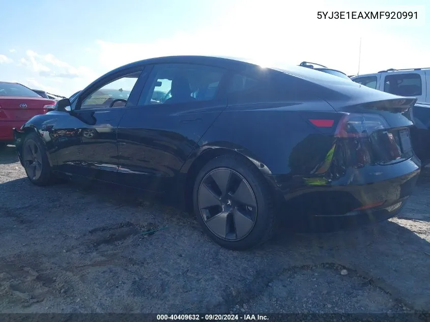 2021 Tesla Model 3 Standard Range Plus Rear-Wheel Drive VIN: 5YJ3E1EAXMF920991 Lot: 40409632