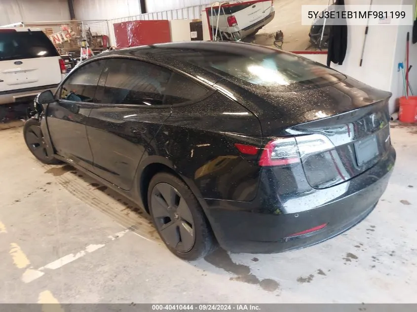 2021 Tesla Model 3 Long Range Dual Motor All-Wheel Drive VIN: 5YJ3E1EB1MF981199 Lot: 40410444