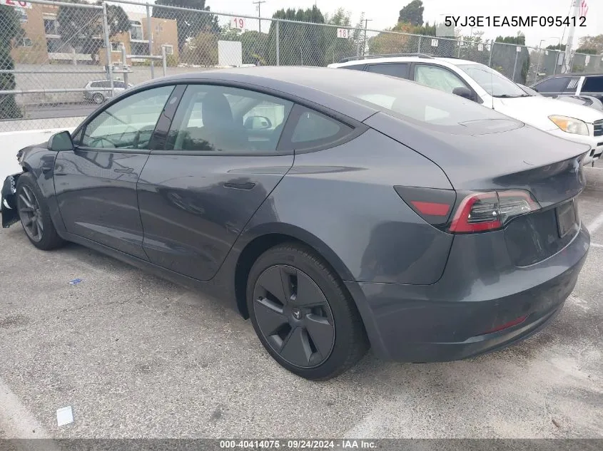 2021 Tesla Model 3 Standard Range Plus Rear-Wheel Drive VIN: 5YJ3E1EA5MF095412 Lot: 40414075