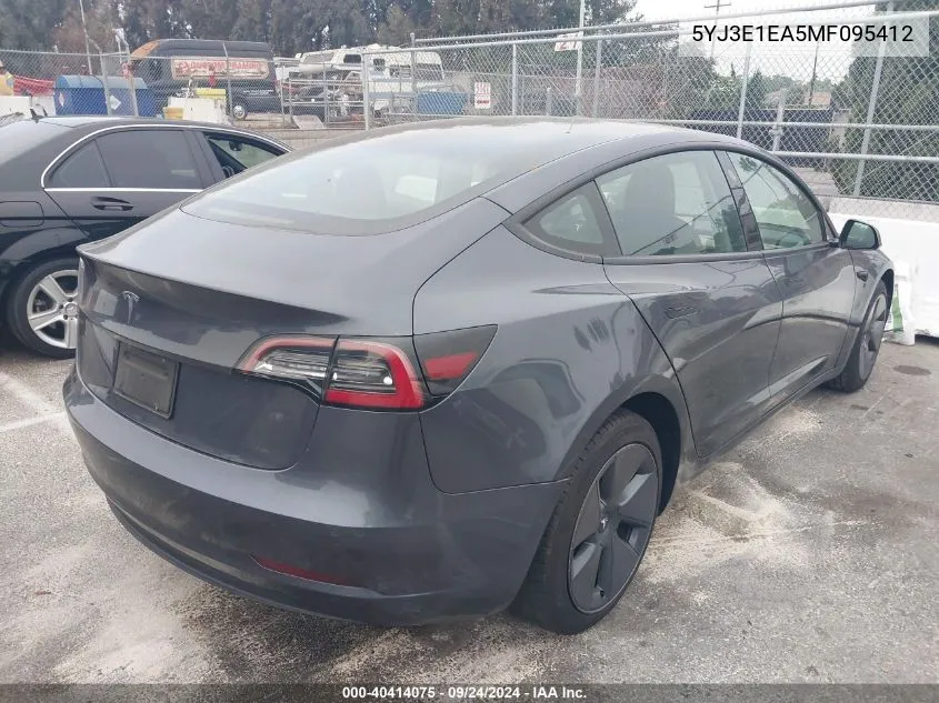 2021 Tesla Model 3 Standard Range Plus Rear-Wheel Drive VIN: 5YJ3E1EA5MF095412 Lot: 40414075