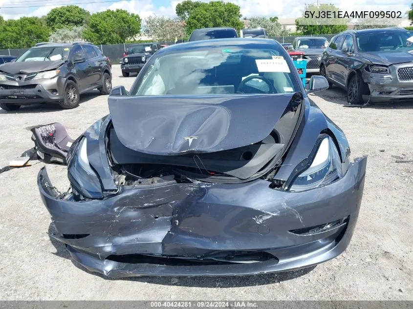 2021 Tesla Model 3 Standard Range Plus Rear-Wheel Drive VIN: 5YJ3E1EA4MF099502 Lot: 40424281