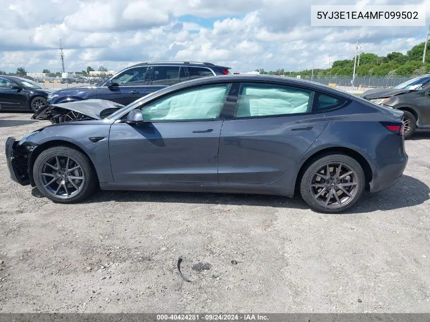 2021 Tesla Model 3 Standard Range Plus Rear-Wheel Drive VIN: 5YJ3E1EA4MF099502 Lot: 40424281