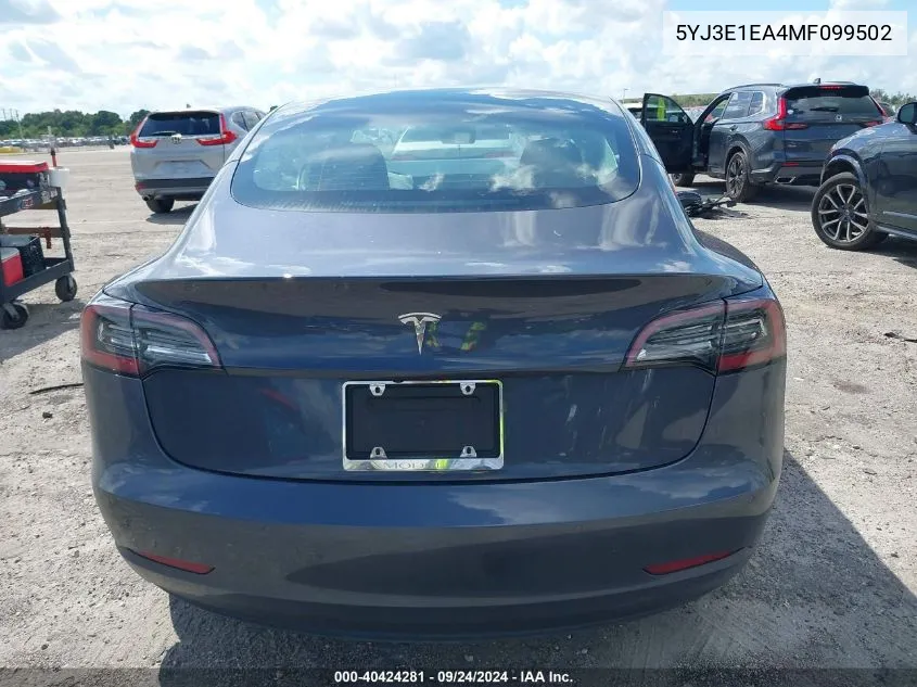 2021 Tesla Model 3 Standard Range Plus Rear-Wheel Drive VIN: 5YJ3E1EA4MF099502 Lot: 40424281