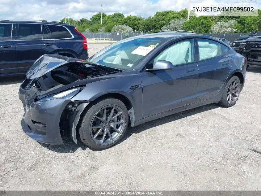 2021 Tesla Model 3 Standard Range Plus Rear-Wheel Drive VIN: 5YJ3E1EA4MF099502 Lot: 40424281