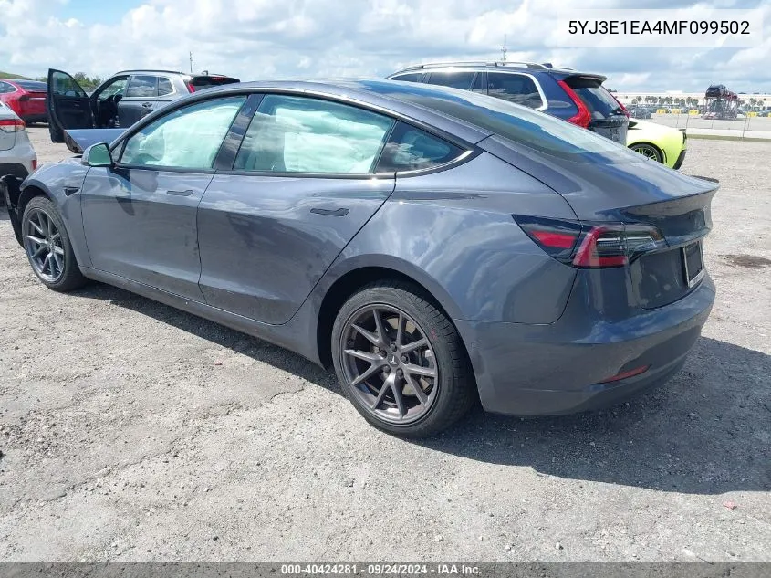 2021 Tesla Model 3 Standard Range Plus Rear-Wheel Drive VIN: 5YJ3E1EA4MF099502 Lot: 40424281