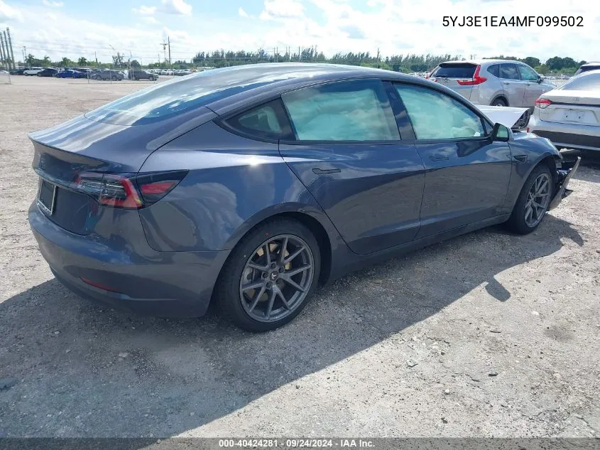 2021 Tesla Model 3 Standard Range Plus Rear-Wheel Drive VIN: 5YJ3E1EA4MF099502 Lot: 40424281