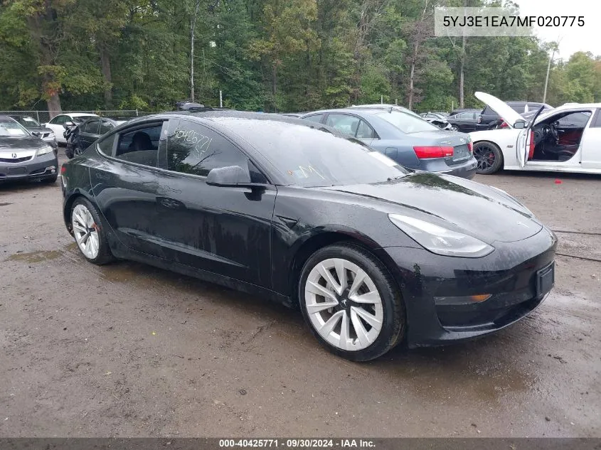 2021 Tesla Model 3 Standard Range Plus Rear-Wheel Drive VIN: 5YJ3E1EA7MF020775 Lot: 40425771