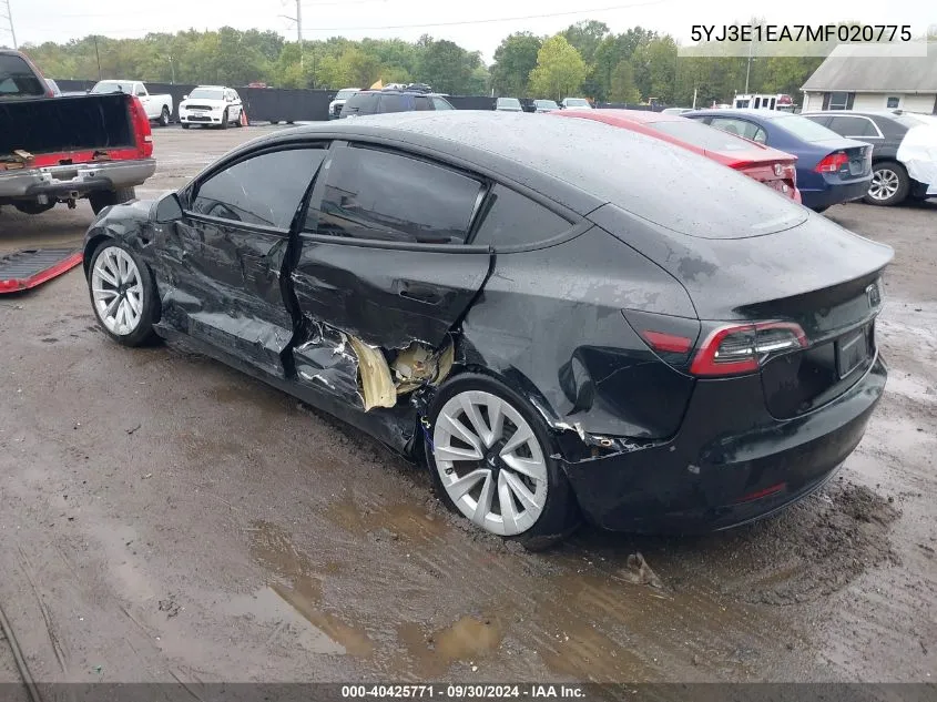 2021 Tesla Model 3 Standard Range Plus Rear-Wheel Drive VIN: 5YJ3E1EA7MF020775 Lot: 40425771