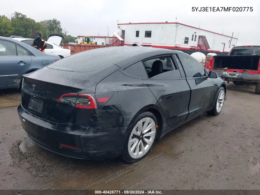 5YJ3E1EA7MF020775 2021 Tesla Model 3 Standard Range Plus Rear-Wheel Drive