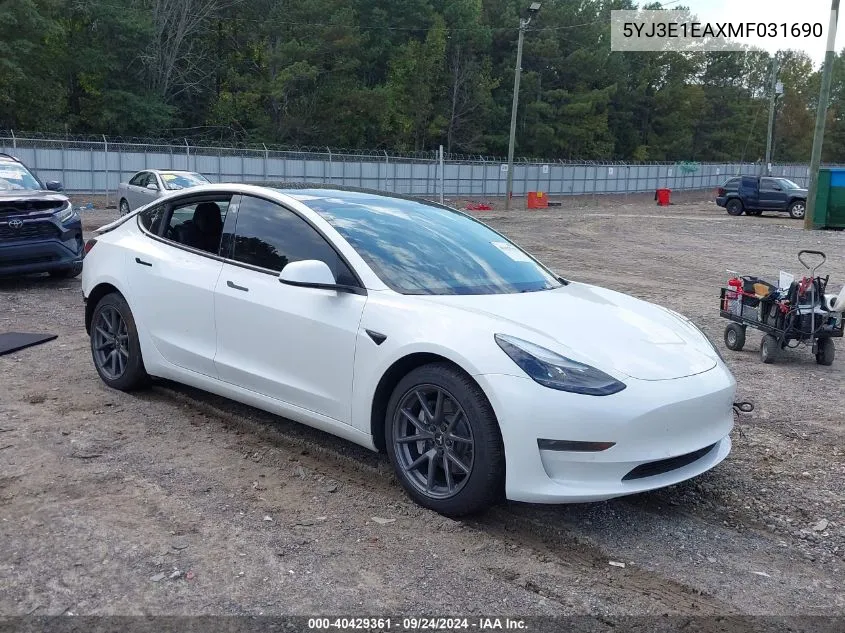 5YJ3E1EAXMF031690 2021 Tesla Model 3 Standard Range Plus Rear-Wheel Drive