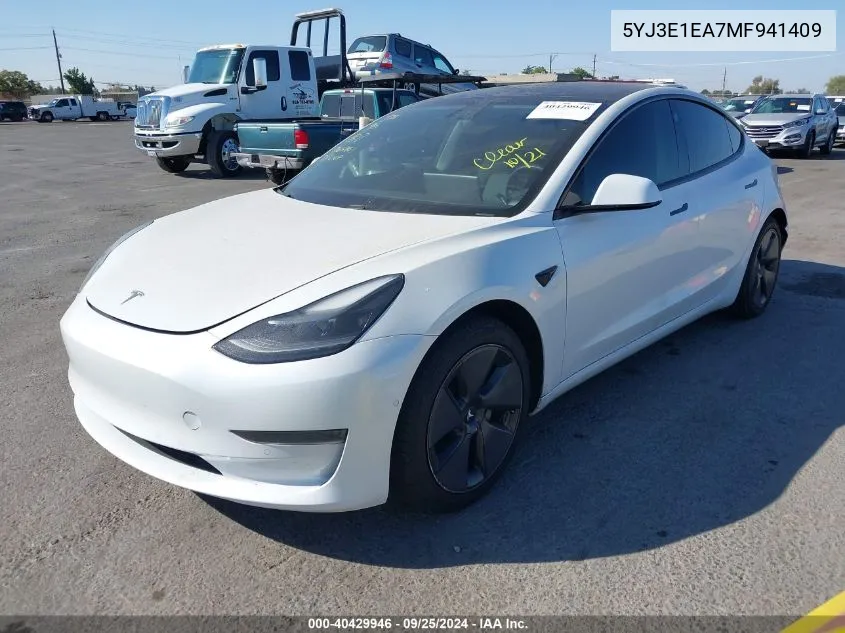 2021 Tesla Model 3 Standard Range Plus Rear-Wheel Drive VIN: 5YJ3E1EA7MF941409 Lot: 40429946