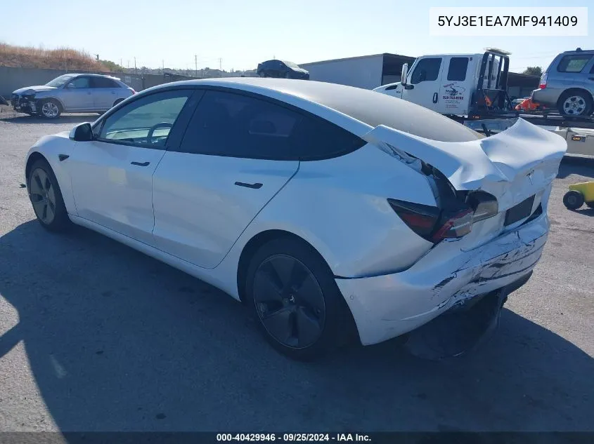 2021 Tesla Model 3 Standard Range Plus Rear-Wheel Drive VIN: 5YJ3E1EA7MF941409 Lot: 40429946