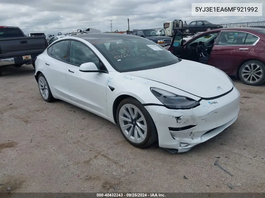 2021 Tesla Model 3 Standard Range Plus Rear-Wheel Drive VIN: 5YJ3E1EA6MF921992 Lot: 40432243