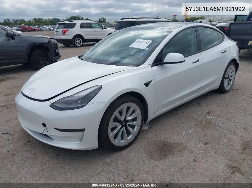 2021 Tesla Model 3 Standard Range Plus Rear-Wheel Drive VIN: 5YJ3E1EA6MF921992 Lot: 40432243