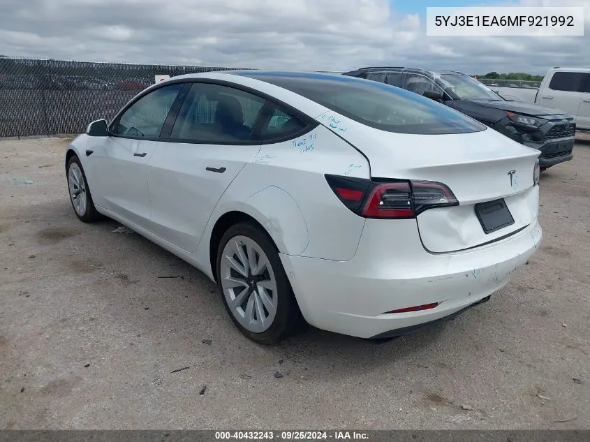 2021 Tesla Model 3 Standard Range Plus Rear-Wheel Drive VIN: 5YJ3E1EA6MF921992 Lot: 40432243