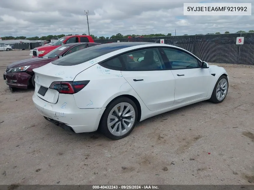 2021 Tesla Model 3 Standard Range Plus Rear-Wheel Drive VIN: 5YJ3E1EA6MF921992 Lot: 40432243