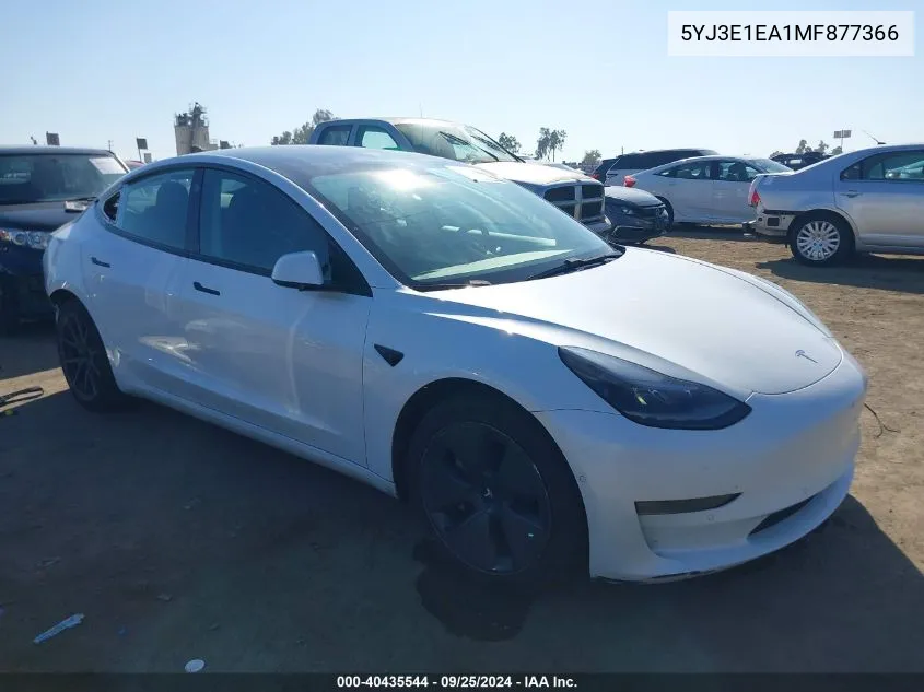 2021 Tesla Model 3 Standard Range Plus Rear-Wheel Drive VIN: 5YJ3E1EA1MF877366 Lot: 40435544