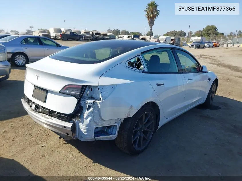 2021 Tesla Model 3 Standard Range Plus Rear-Wheel Drive VIN: 5YJ3E1EA1MF877366 Lot: 40435544