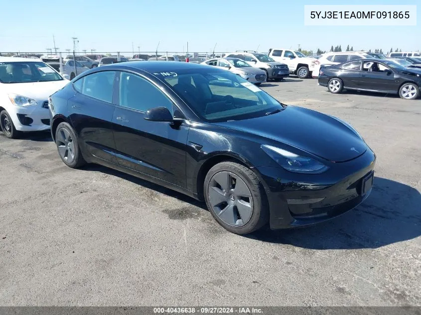 2021 Tesla Model 3 Standard Range Plus Rear-Wheel Drive VIN: 5YJ3E1EA0MF091865 Lot: 40436638