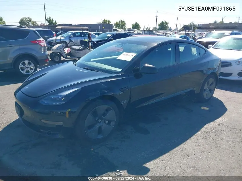 5YJ3E1EA0MF091865 2021 Tesla Model 3 Standard Range Plus Rear-Wheel Drive