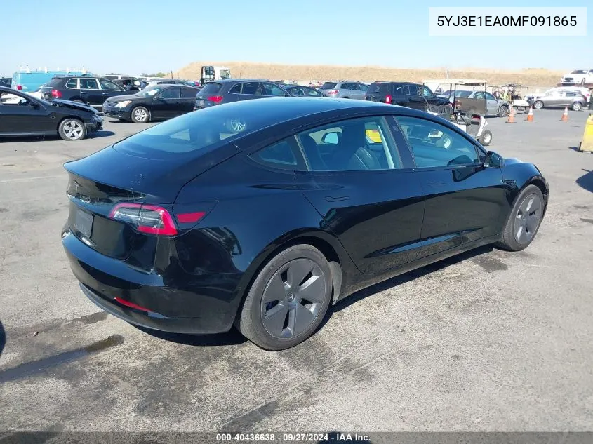 2021 Tesla Model 3 Standard Range Plus Rear-Wheel Drive VIN: 5YJ3E1EA0MF091865 Lot: 40436638