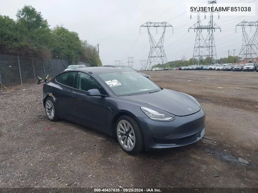 2021 Tesla Model 3 Standard Range Plus Rear-Wheel Drive VIN: 5YJ3E1EA8MF851038 Lot: 40437835