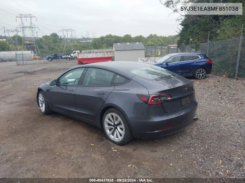 5YJ3E1EA8MF851038 2021 Tesla Model 3 Standard Range Plus Rear-Wheel Drive