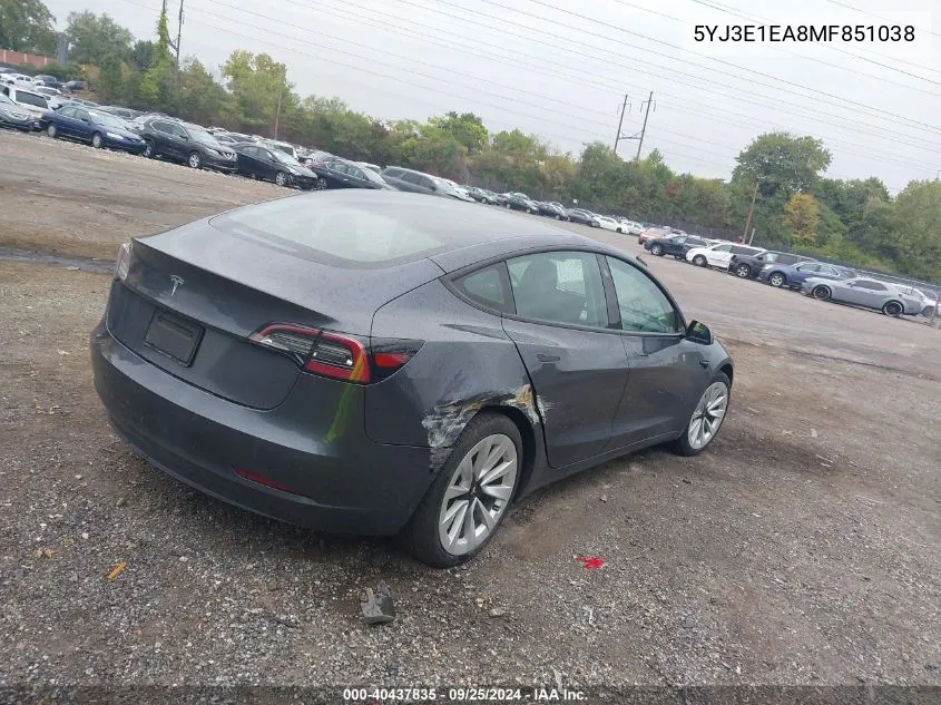 2021 Tesla Model 3 Standard Range Plus Rear-Wheel Drive VIN: 5YJ3E1EA8MF851038 Lot: 40437835