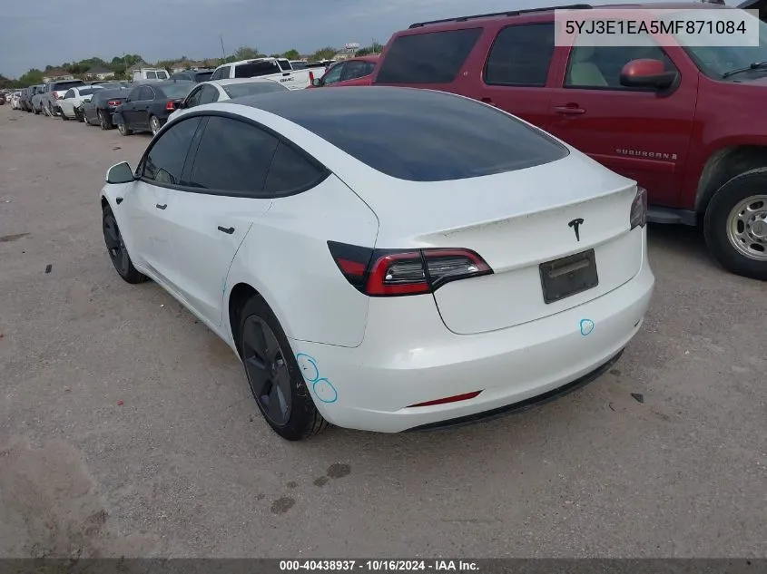 2021 Tesla Model 3 Standard Range Plus Rear-Wheel Drive VIN: 5YJ3E1EA5MF871084 Lot: 40438937