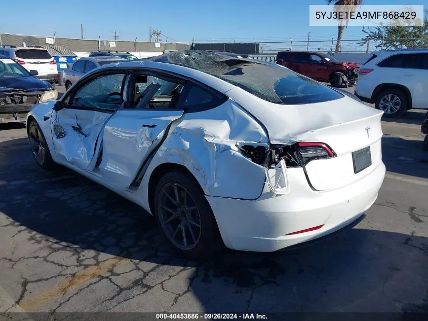 2021 Tesla Model 3 Standard Range Plus Rear-Wheel Drive VIN: 5YJ3E1EA9MF868429 Lot: 40453886