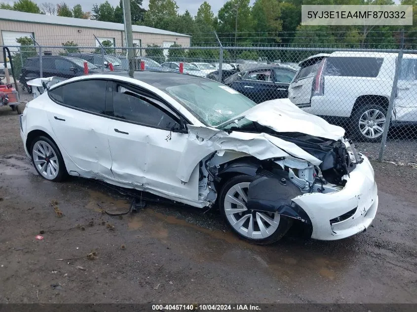 2021 Tesla Model 3 Standard Range Plus Rear-Wheel Drive VIN: 5YJ3E1EA4MF870332 Lot: 40457140