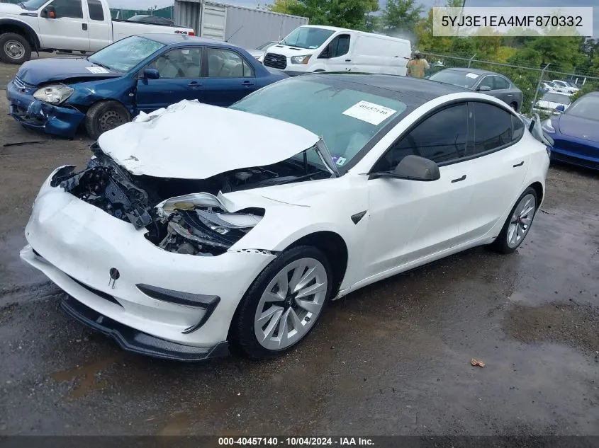 2021 Tesla Model 3 Standard Range Plus Rear-Wheel Drive VIN: 5YJ3E1EA4MF870332 Lot: 40457140