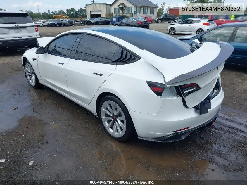 2021 Tesla Model 3 Standard Range Plus Rear-Wheel Drive VIN: 5YJ3E1EA4MF870332 Lot: 40457140