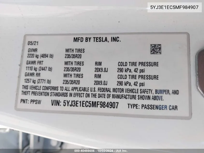 2021 Tesla Model 3 Performance Dual Motor All-Wheel Drive VIN: 5YJ3E1EC5MF984907 Lot: 40466656